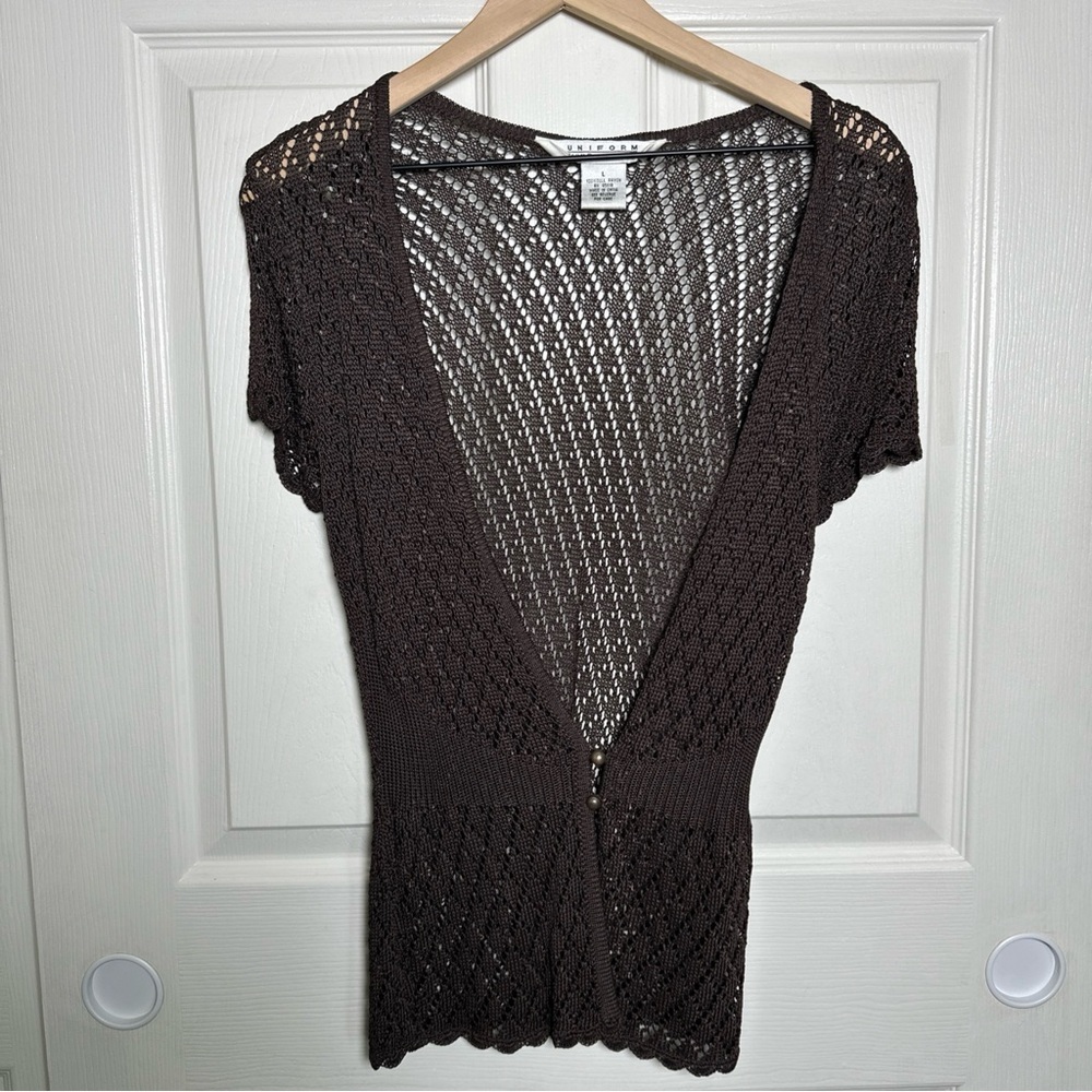 Y2K JohnPaulRichard Brown V-Neck Sweater with Open-Knit Design